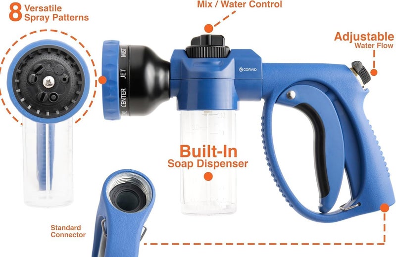 Corvid 3-Pack Adjustable Nozzle with Soap Dispenser, 8-Pattern Spray Hose Nozzle for Cleaning Cars, House, and Pets - Lightweight Plastic Design - Image 3